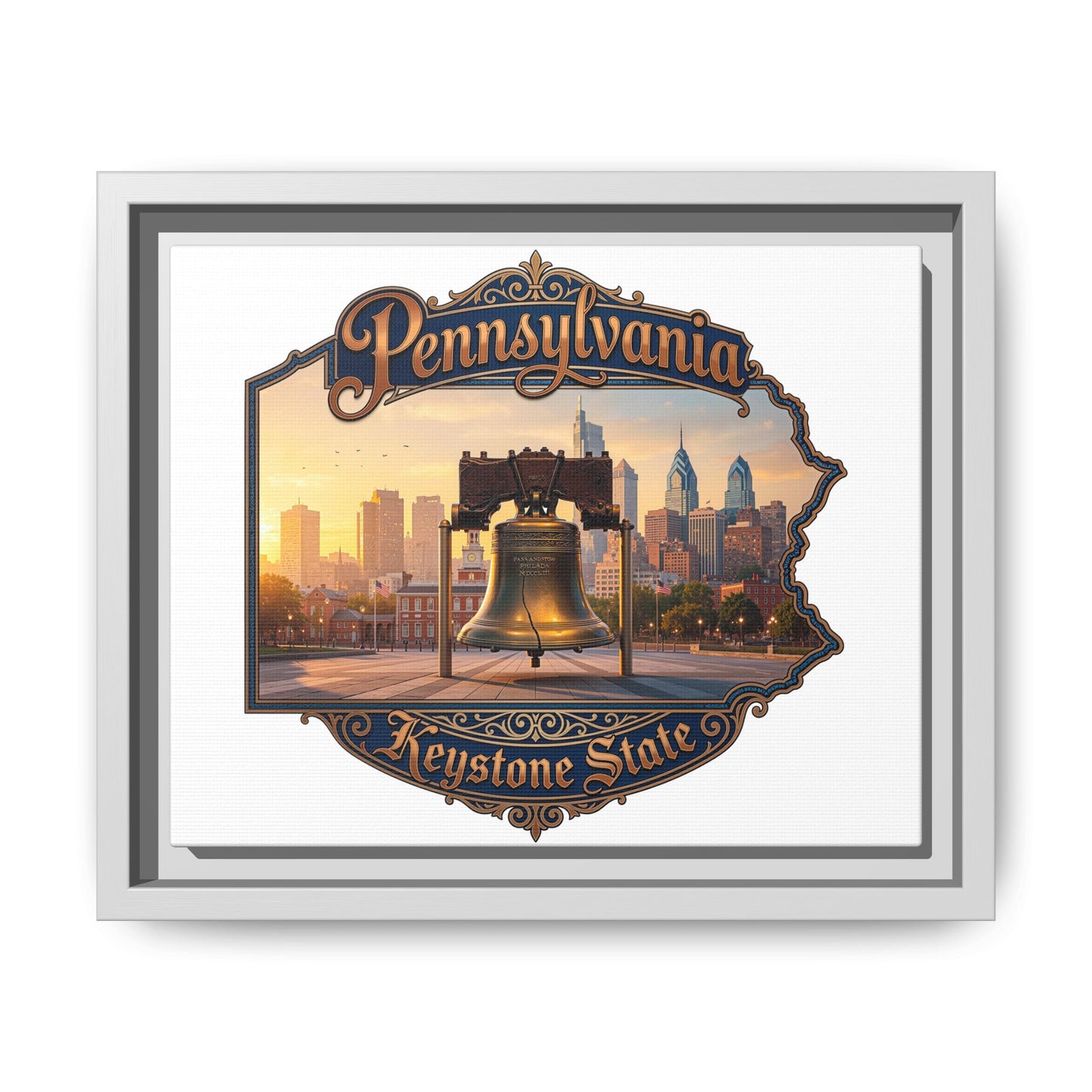 Pennsylvania Keystone State Framed Canvas Wall Art — Liberty Bell & Philadelphia Skyline