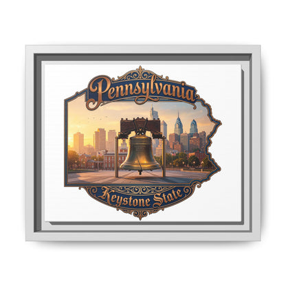 Pennsylvania Keystone State Framed Canvas Wall Art — Liberty Bell & Philadelphia Skyline
