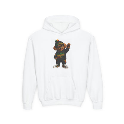 Youth Hoodie — 'Black Excellence' Teddy Bear Graphic Sweatshirt
