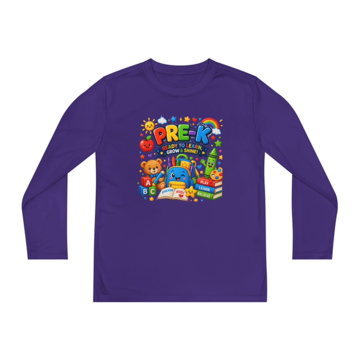 PRE-K Kids Long Sleeve Tee — Back-to-School Preschool Shirt ("Ready to Learn, Grow & Shine")