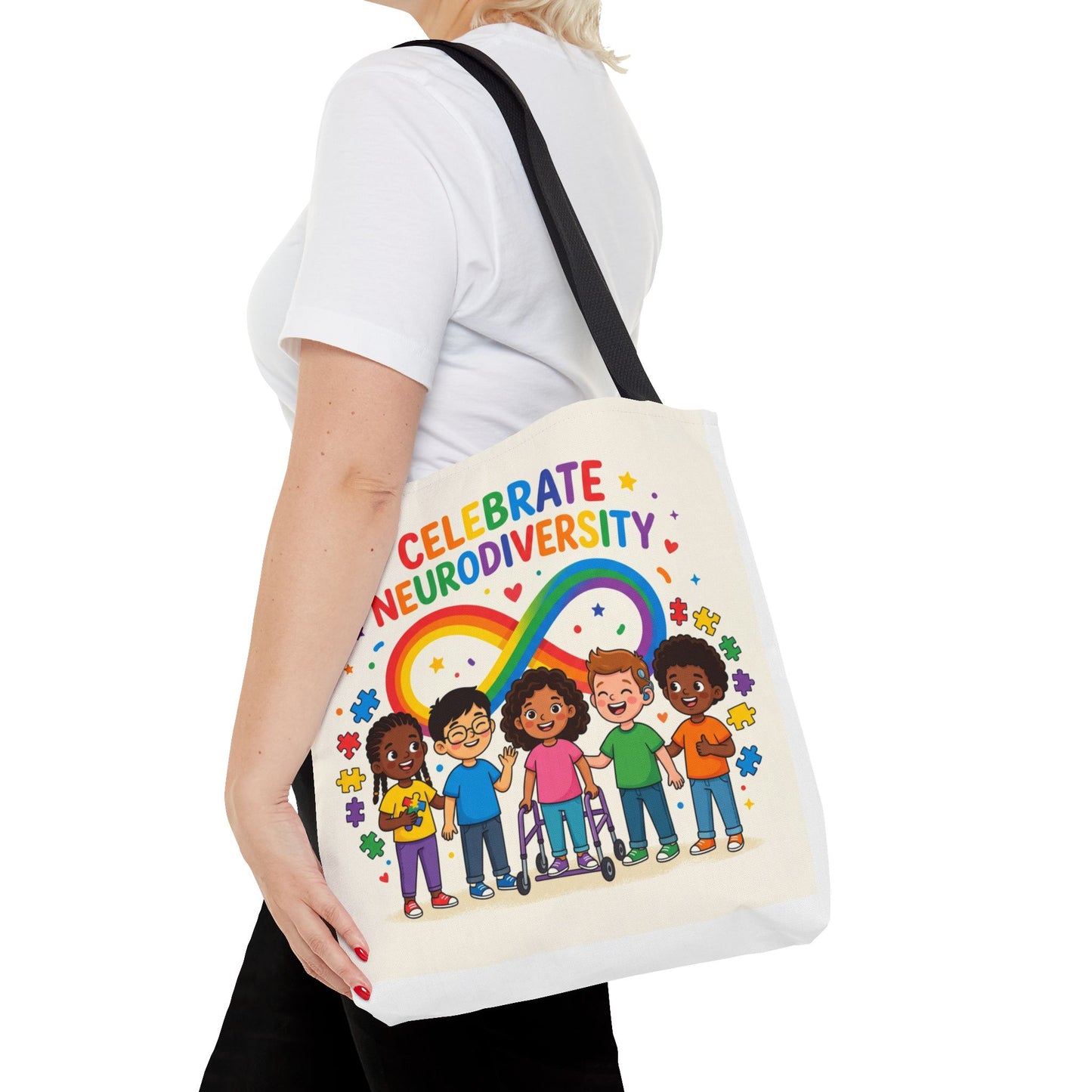 Celebrate Neurodiversity Tote Bag — Rainbow Infinity Symbol with Diverse Kids