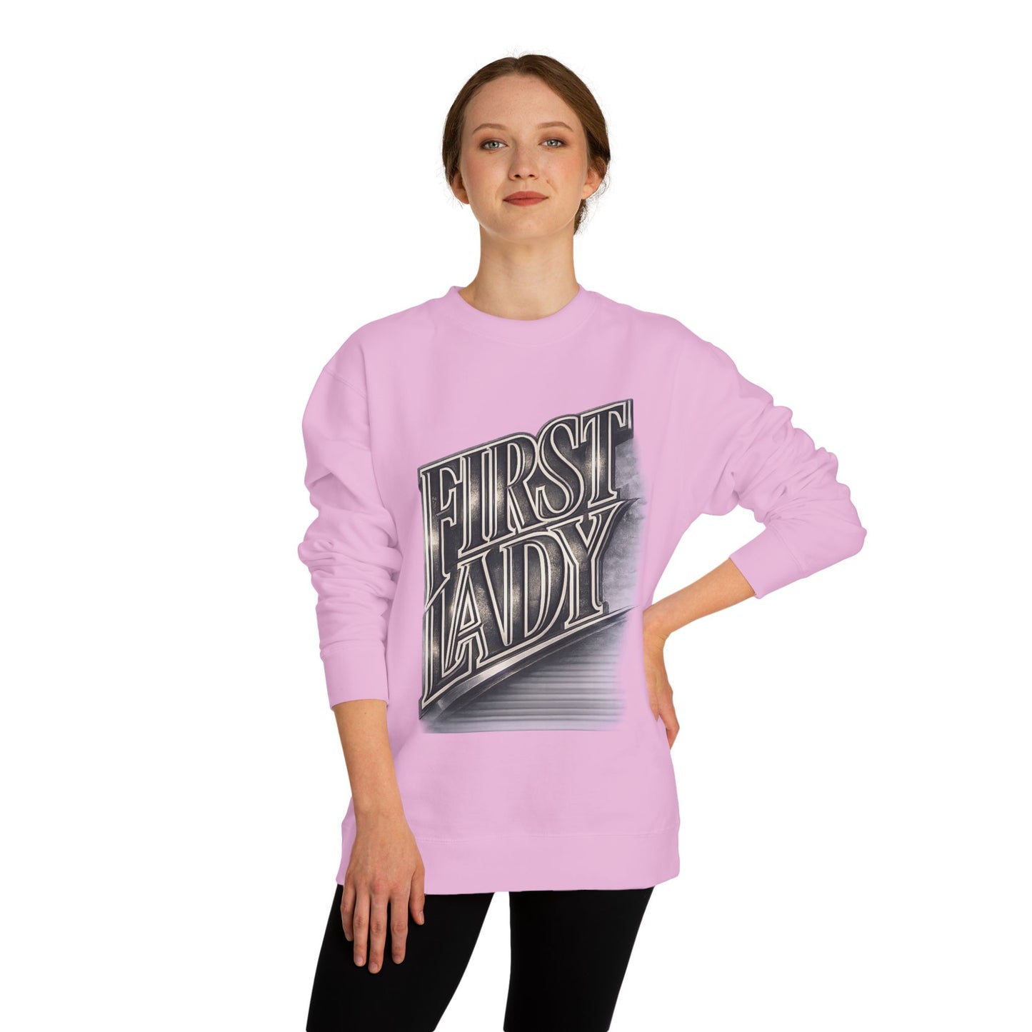 First Lady Graphic Sweatshirt — Retro Metallic Typography Crewneck