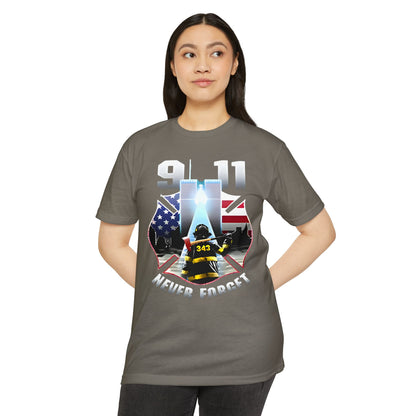 9/11 Never Forget T-Shirt — Firefighter Tribute Tee with Twin Towers & American Flag