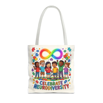 Celebrate Neurodiversity Tote Bag — Rainbow Infinity Symbol & Kids Design