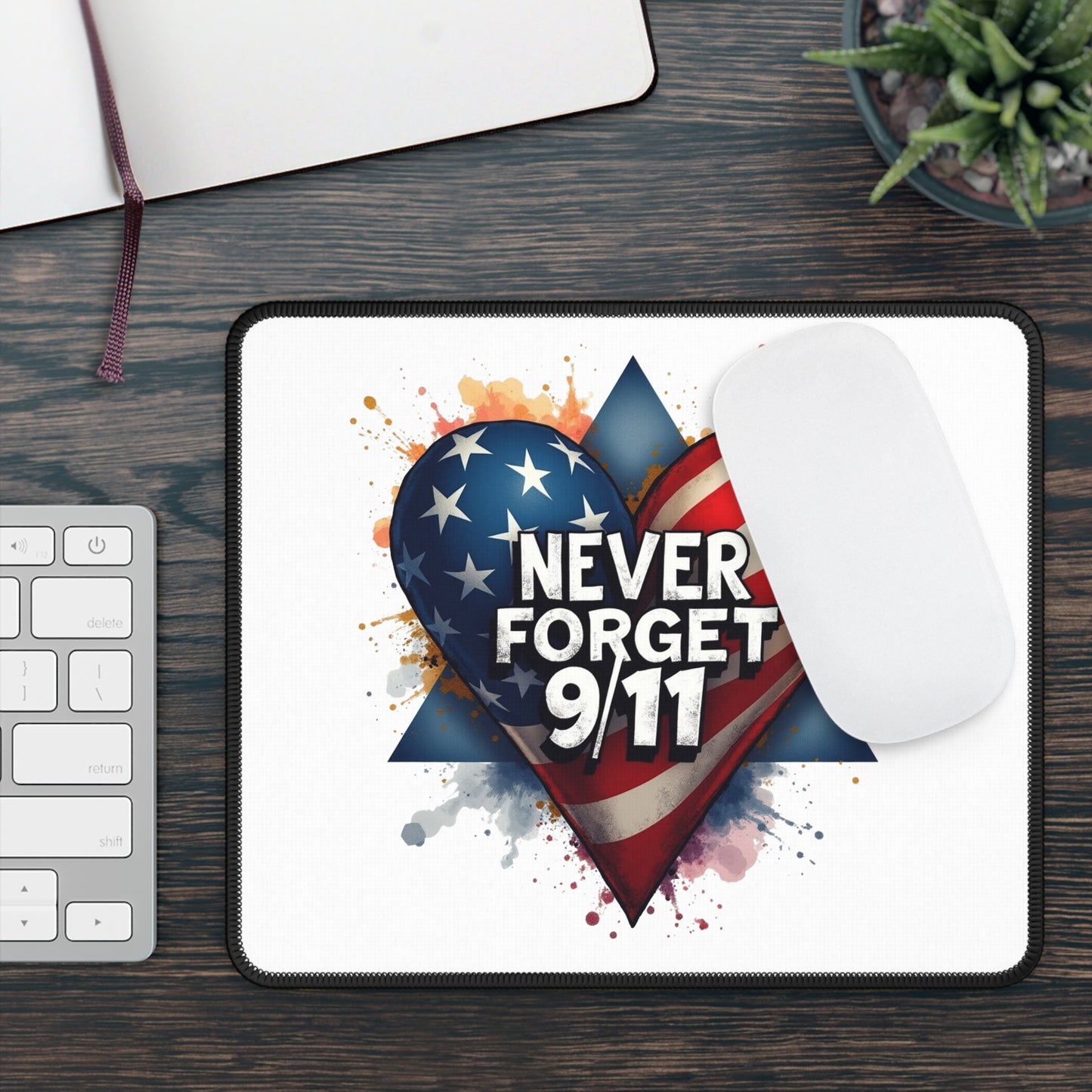 Never Forget 9/11 Gaming Mouse Pad — Patriotic American Flag Heart Memorial Desk Mat