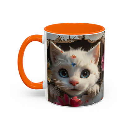 Cute White Kitten Coffee Mug – Floral Accent 11/15oz