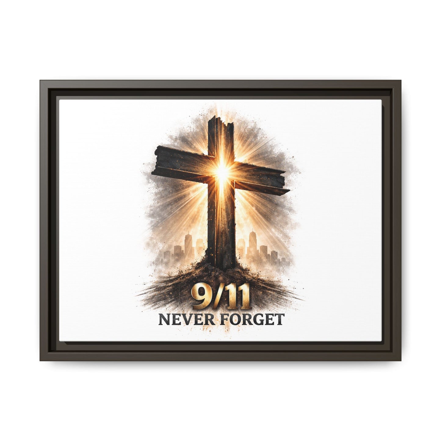 9/11 Never Forget Framed Canvas Wall Art — Memorial Cross Tribute