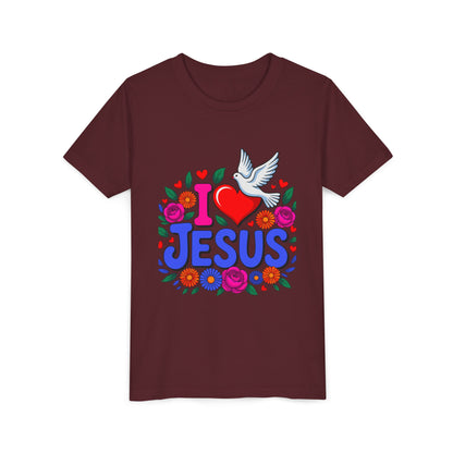 Youth Tee — "I  Jesus" Colorful Dove & Floral Christian Shirt