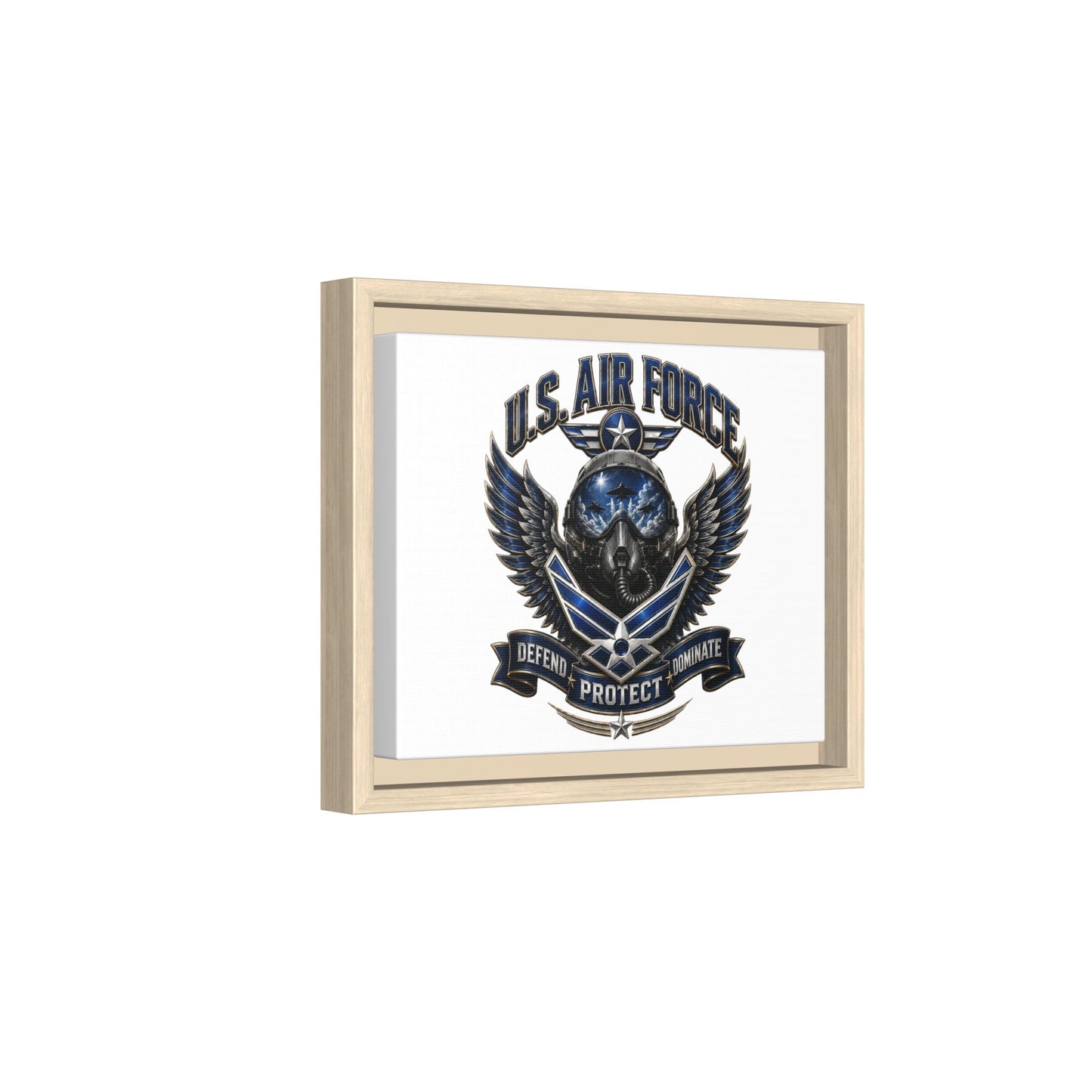 U.S. Air Force Emblem Framed Canvas Print – "Defend Protect Dominate" Military Wall Art