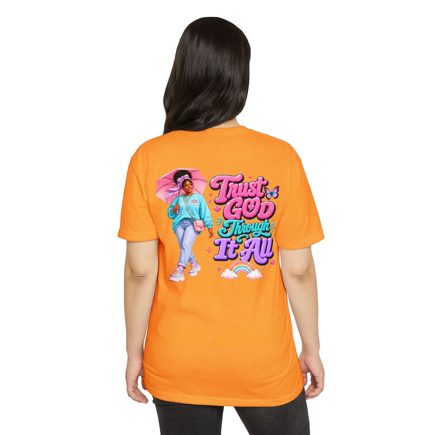 Trust God Through It All T-Shirt — Inspirational Faith Tee with Colorful Girl Illustration