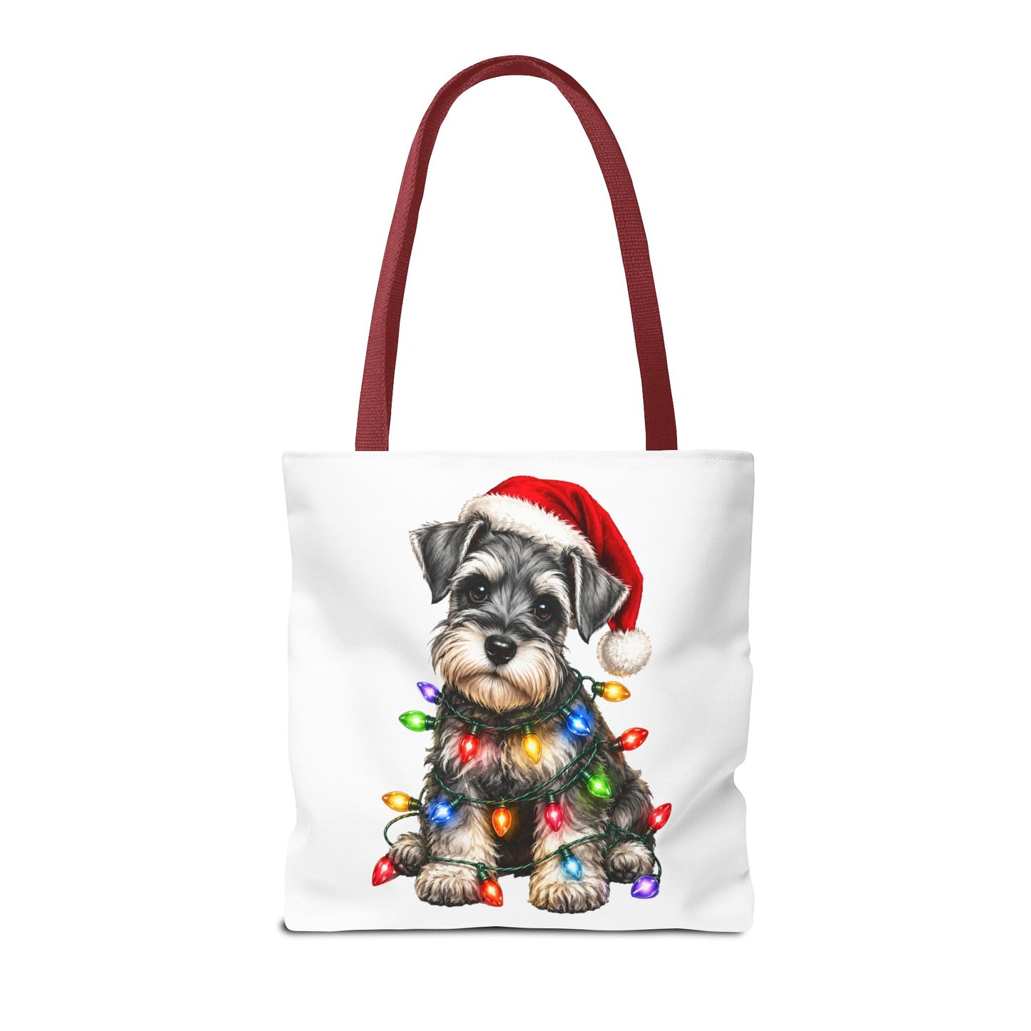 Christmas Schnauzer Tote Bag — Cute Puppy with Santa Hat & Holiday Lights