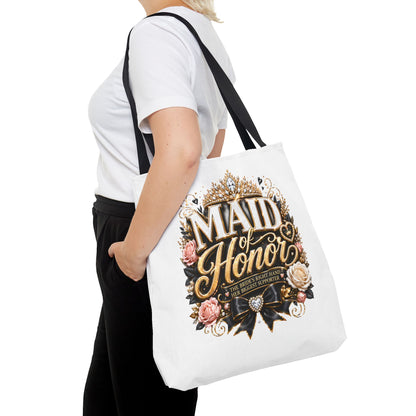 Maid of Honor Tote Bag — Elegant Bridal Party Gift with Gold Crown Floral Design