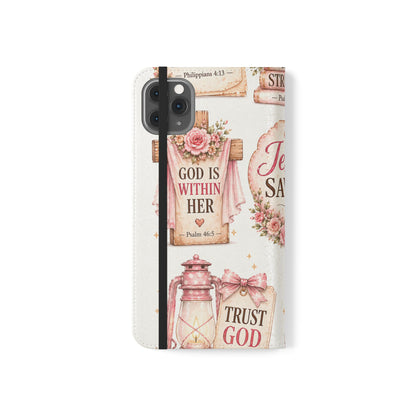 Christian Floral Phone Flip Case — "Jesus Saves" & Inspirational Scripture Wallet Cover