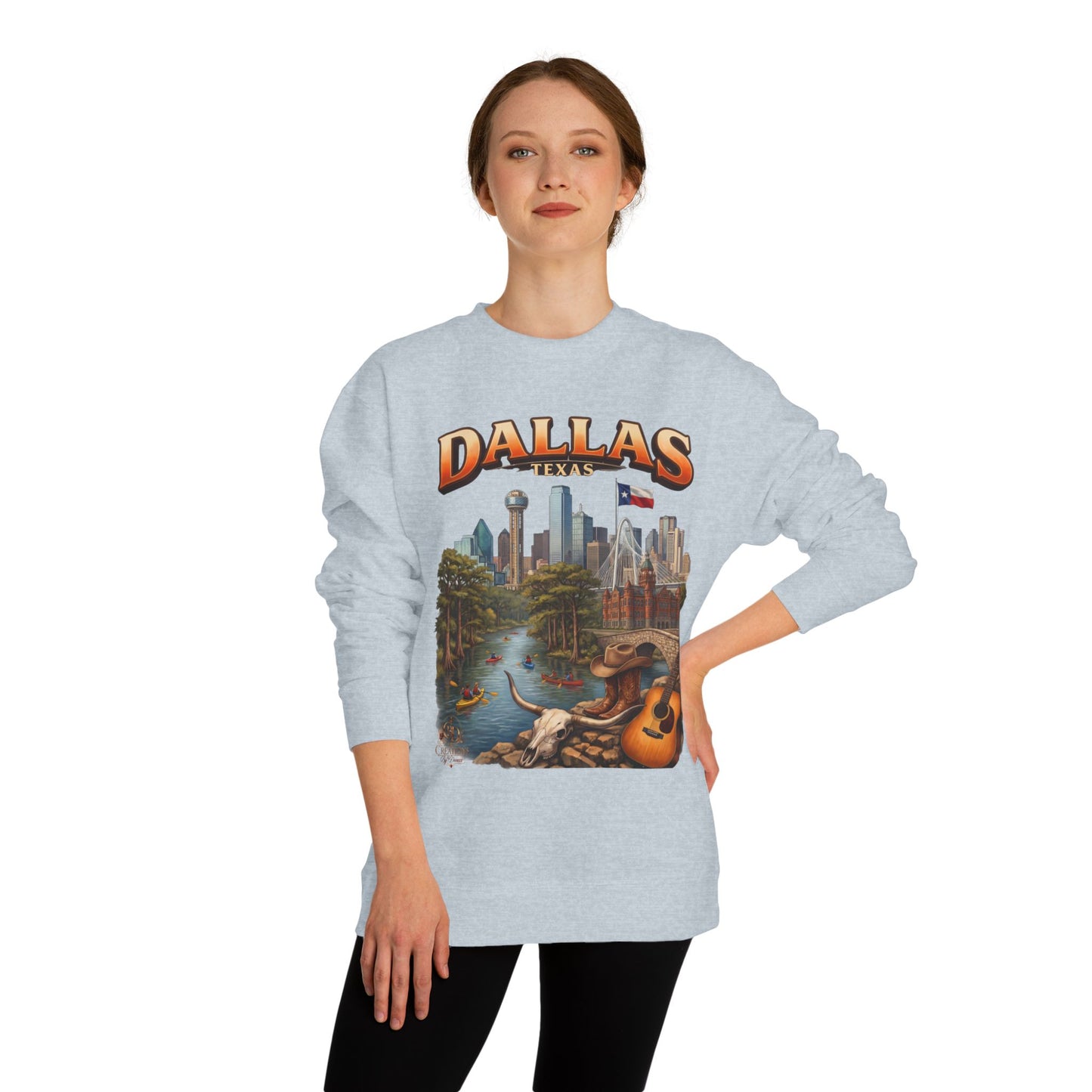 Dallas Skyline Crewneck Sweatshirt — Texas Cityscape & Acoustic Guitar Design