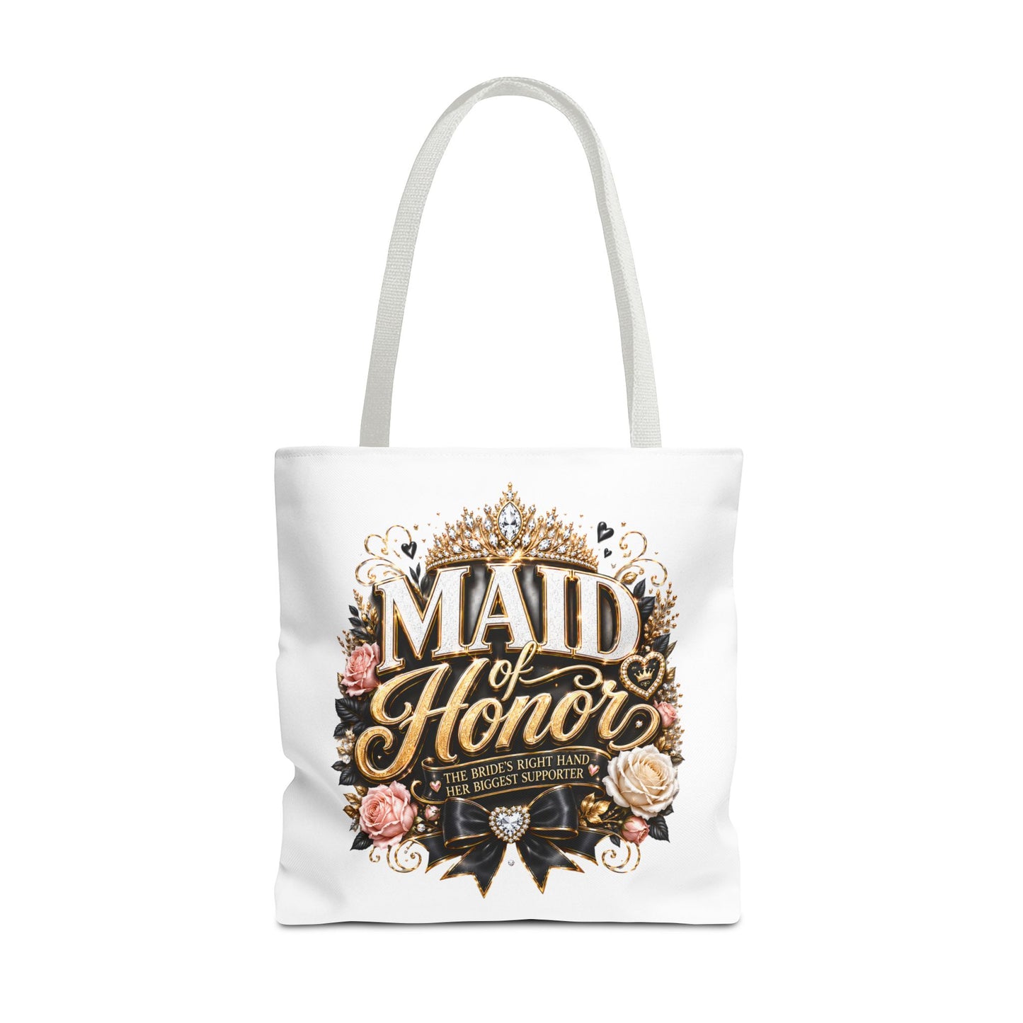 Maid of Honor Tote Bag — Elegant Bridal Party Gift with Gold Crown Floral Design