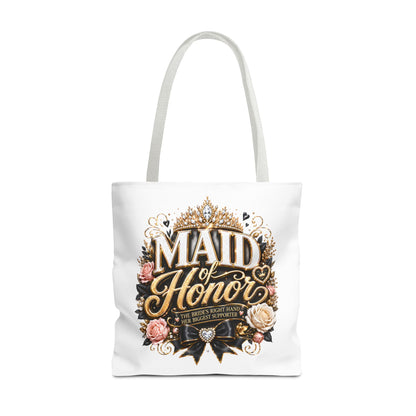 Maid of Honor Tote Bag — Elegant Bridal Party Gift with Gold Crown Floral Design