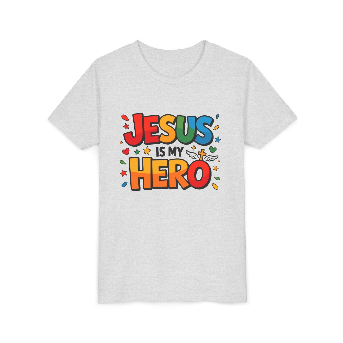 Youth Tee — "Jesus Is My Hero" Colorful Kids Christian T-Shirt