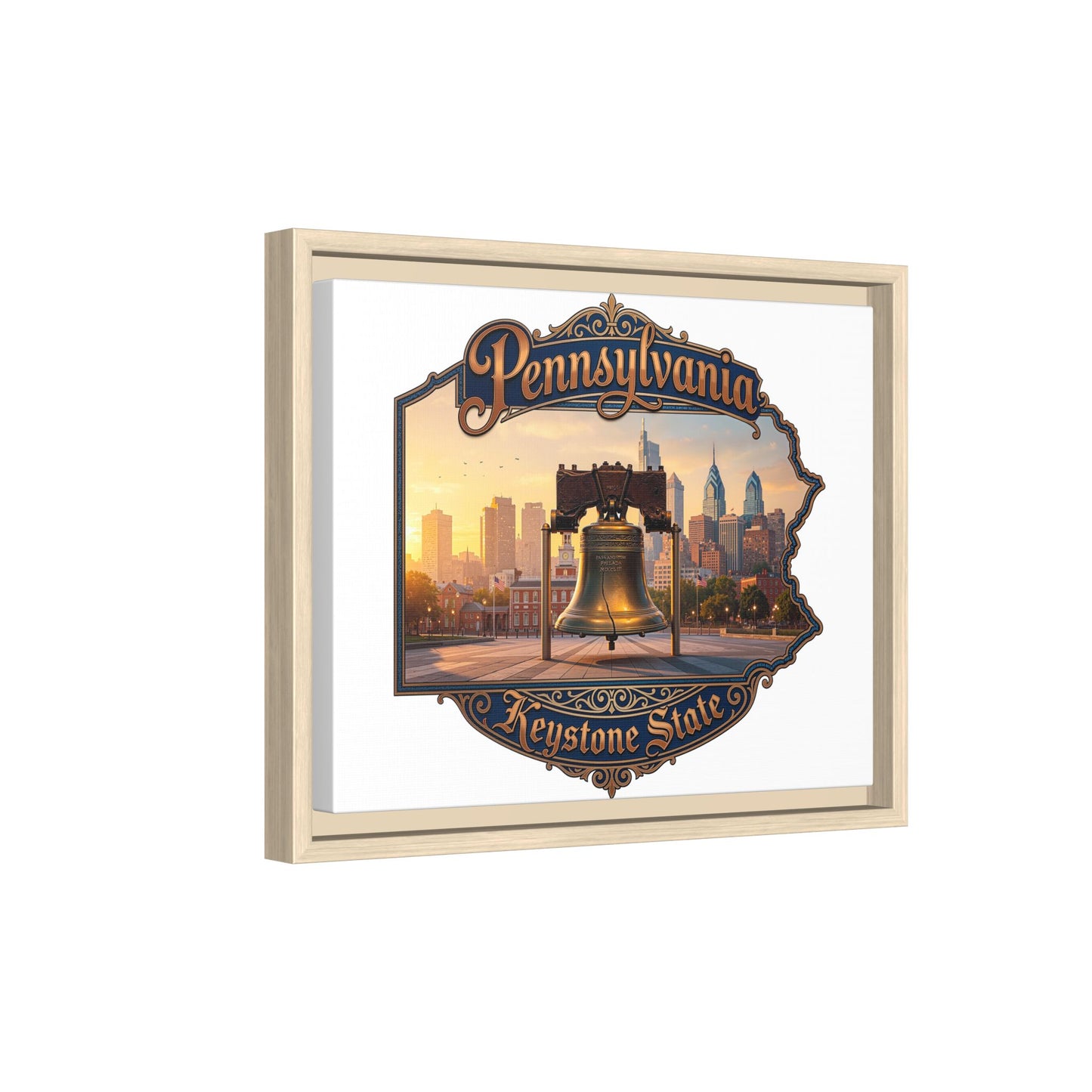 Pennsylvania Keystone State Framed Canvas Wall Art — Liberty Bell & Philadelphia Skyline