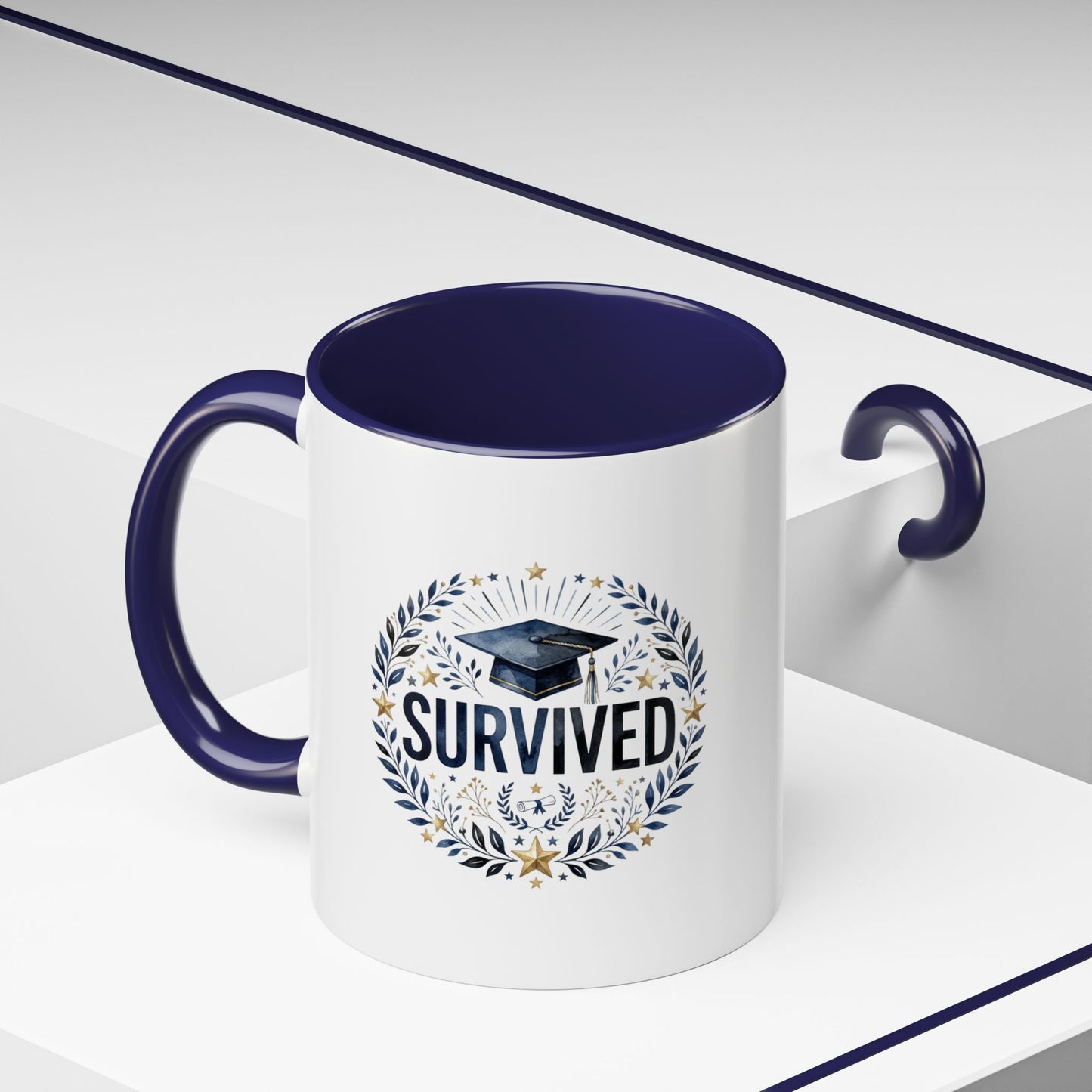Survived Graduation Coffee Mug — Floral Laurel Grad Cap Accent Mug (11/15oz)