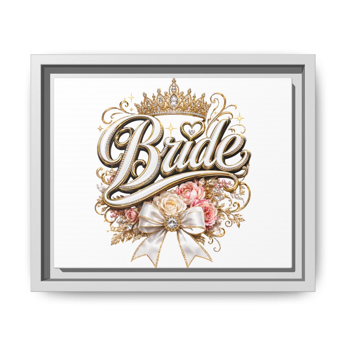 Framed Bride Canvas Wall Art — Elegant Bridal Crown & Floral Wedding Decor
