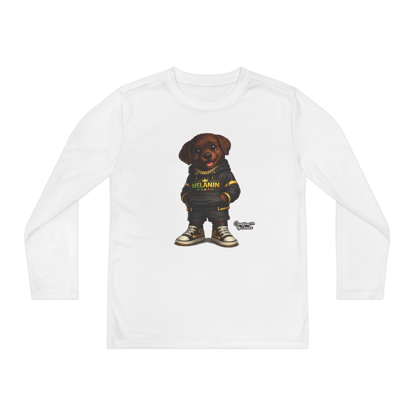 Youth Long Sleeve Tee — Cute Rottweiler Pup Graphic "Melanin" Hoodie Design