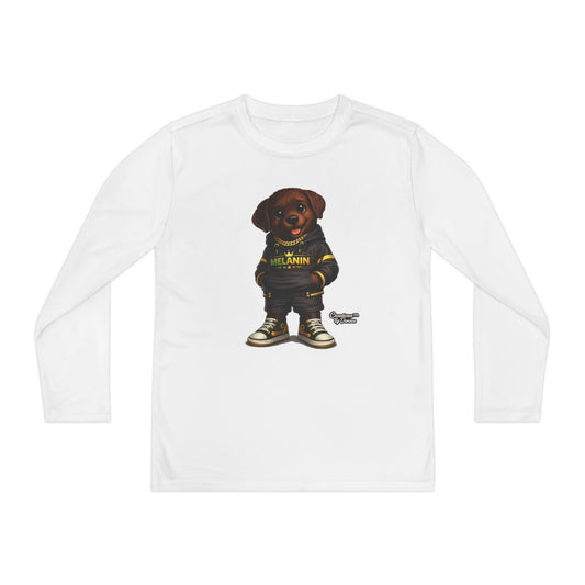 Youth Long Sleeve Tee — Cute Rottweiler Pup Graphic "Melanin" Hoodie Design