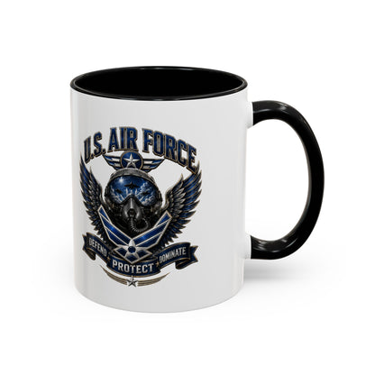 U.S. Air Force Emblem Accent Coffee Mug — Defend Protect Dominate (11/15oz)