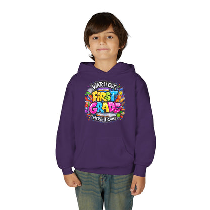 First Grade Hoodie – "Watch Out! First Grade Here I Come" Back-to-School Youth Sweatshirt