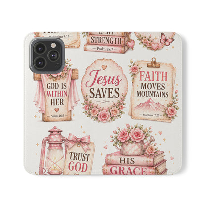 Christian Floral Phone Flip Case — "Jesus Saves" & Inspirational Scripture Wallet Cover