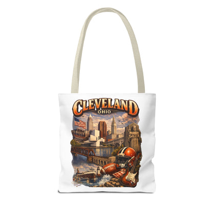 Cleveland Cityscape Tote Bag — Vintage Ohio Skyline & Sports Montage