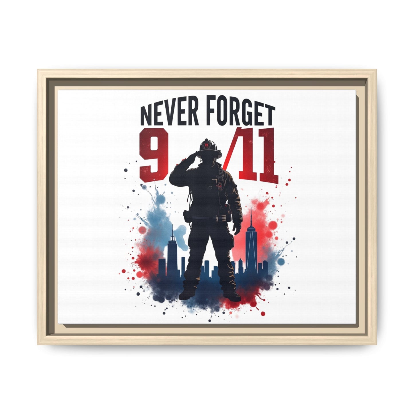 Never Forget 9/11 Framed Canvas Print — Patriotic Firefighter Memorial Art