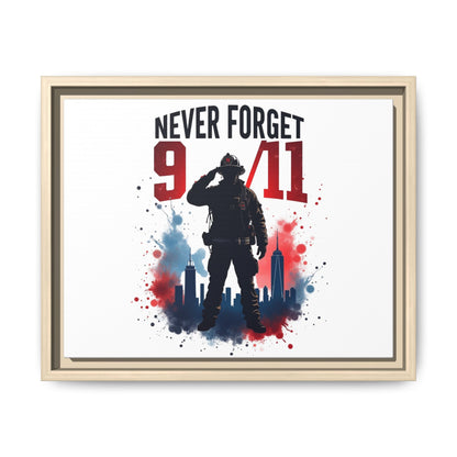 Never Forget 9/11 Framed Canvas Print — Patriotic Firefighter Memorial Art