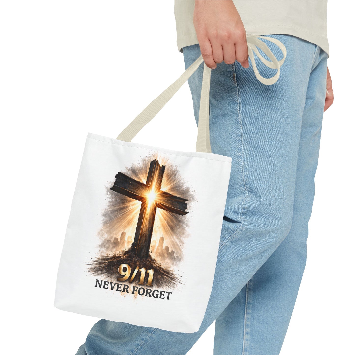 9/11 Never Forget Cross Memorial Tote Bag — Patriotic Remembrance Shopper