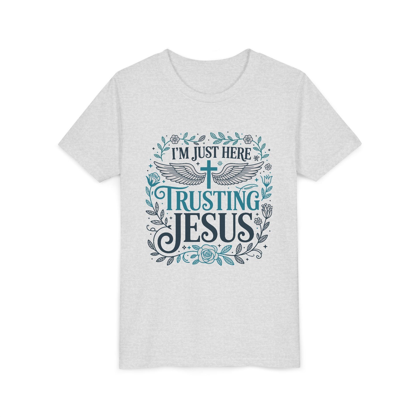 Trusting Jesus Youth Tee — "I'm Just Here Trusting Jesus" Christian Kids T‑Shirt