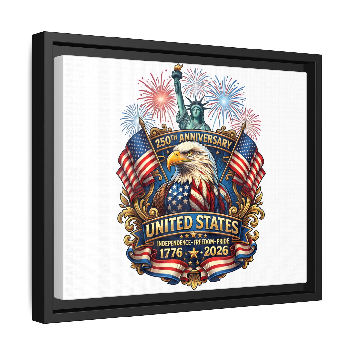 United States 250th Anniversary Framed Canvas — "1776-2026" Patriotic Eagle & Statue of Liberty Print