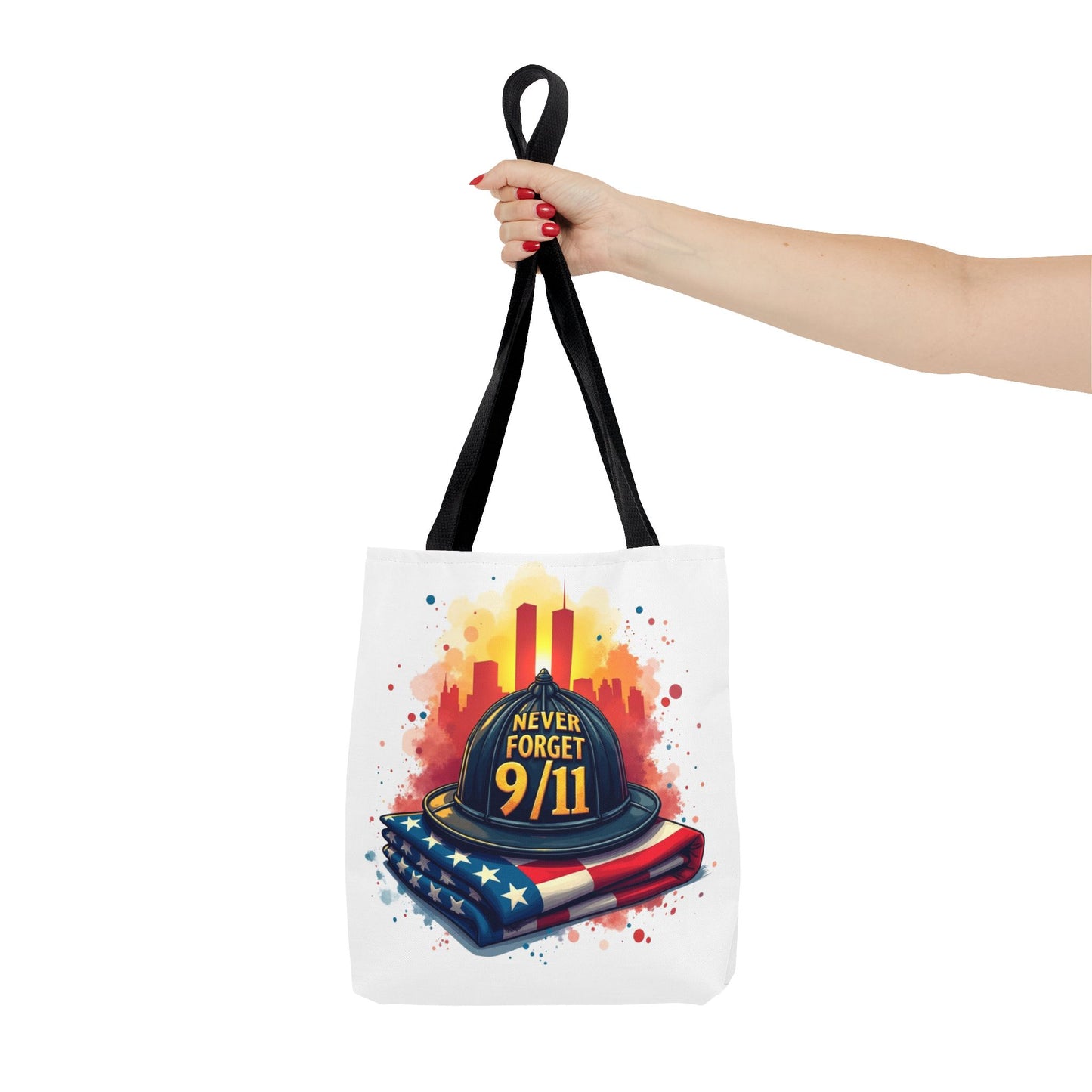 Never Forget 9/11 Memorial Tote Bag — Firefighter Helmet & Flag Tribute