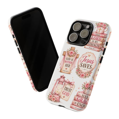 Christian Phone Case — Jesus Saves Floral Tough Case with 'God Is Within Her' & 'Trust God' Design