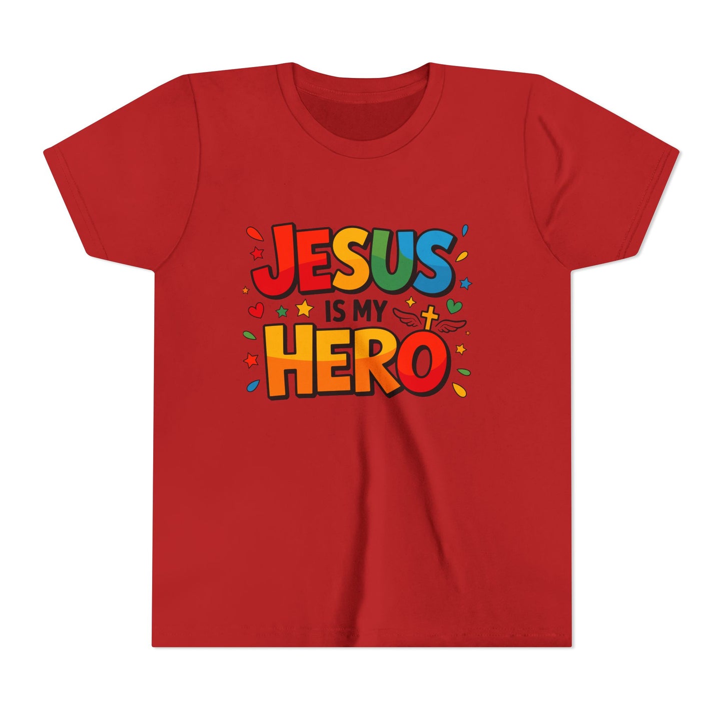 Youth Tee — "Jesus Is My Hero" Colorful Kids Christian T-Shirt