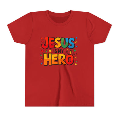 Youth Tee — "Jesus Is My Hero" Colorful Kids Christian T-Shirt