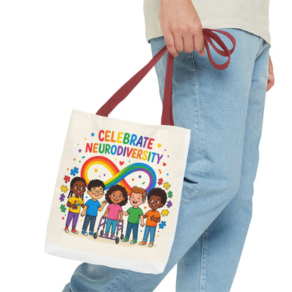 Celebrate Neurodiversity Tote Bag — Rainbow Infinity Symbol with Diverse Kids