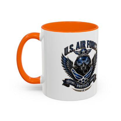 U.S. Air Force Emblem Accent Coffee Mug — Defend Protect Dominate (11/15oz)