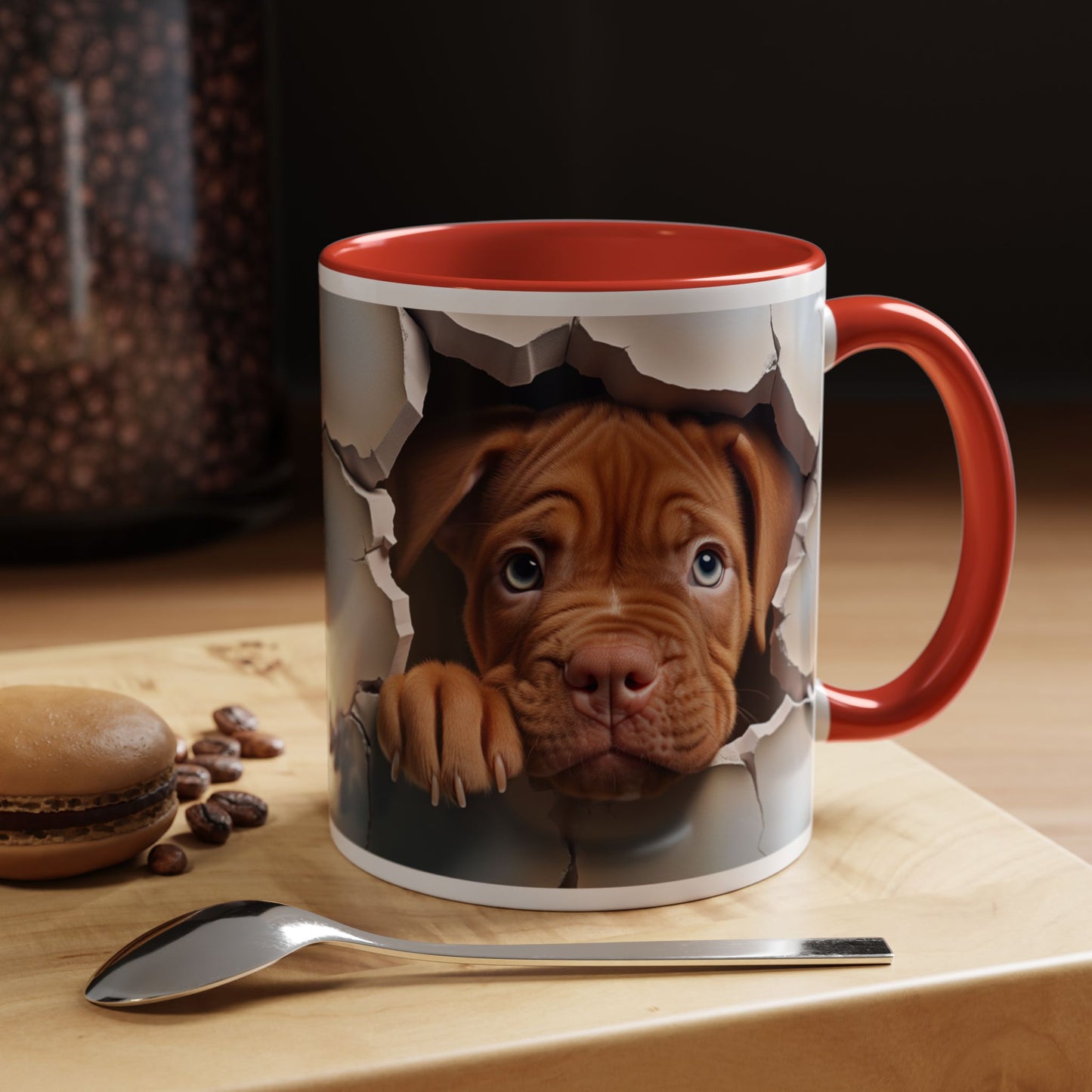 Peekaboo Puppy Accent Coffee Mug — Cute Brown Puppy Breaking Through Design (11/15oz)