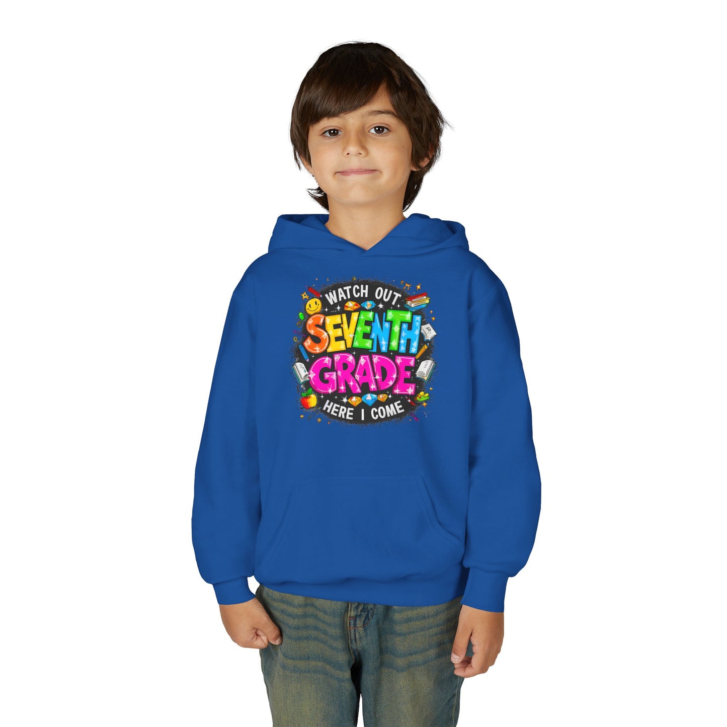 Seventh Grade Hoodie – "Watch Out Seventh Grade Here I Come" Colorful Back-to-School Youth Sweatshirt