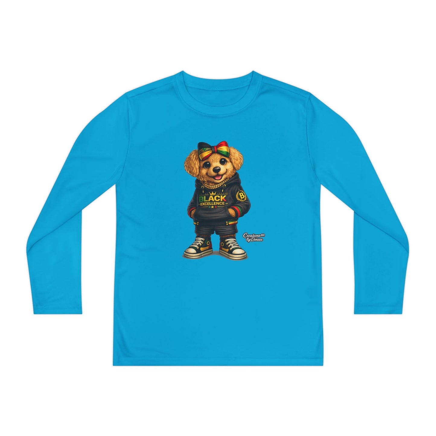 Youth Long Sleeve Tee — Trendy Bear Graphic "Black Excellence"