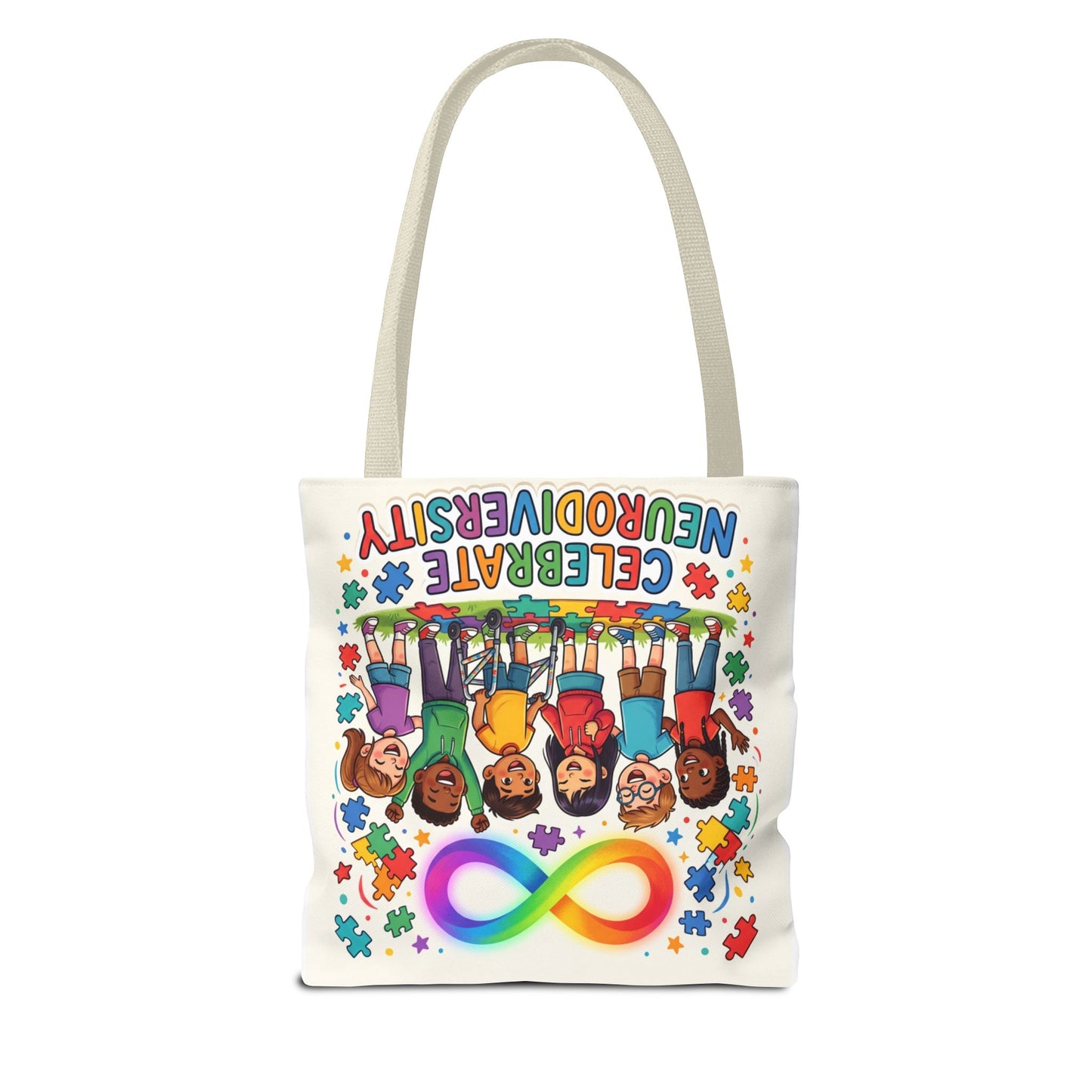 Celebrate Neurodiversity Tote Bag — Rainbow Infinity Symbol & Kids Design