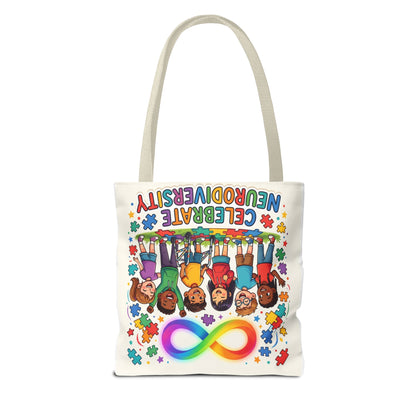 Celebrate Neurodiversity Tote Bag — Rainbow Infinity Symbol & Kids Design