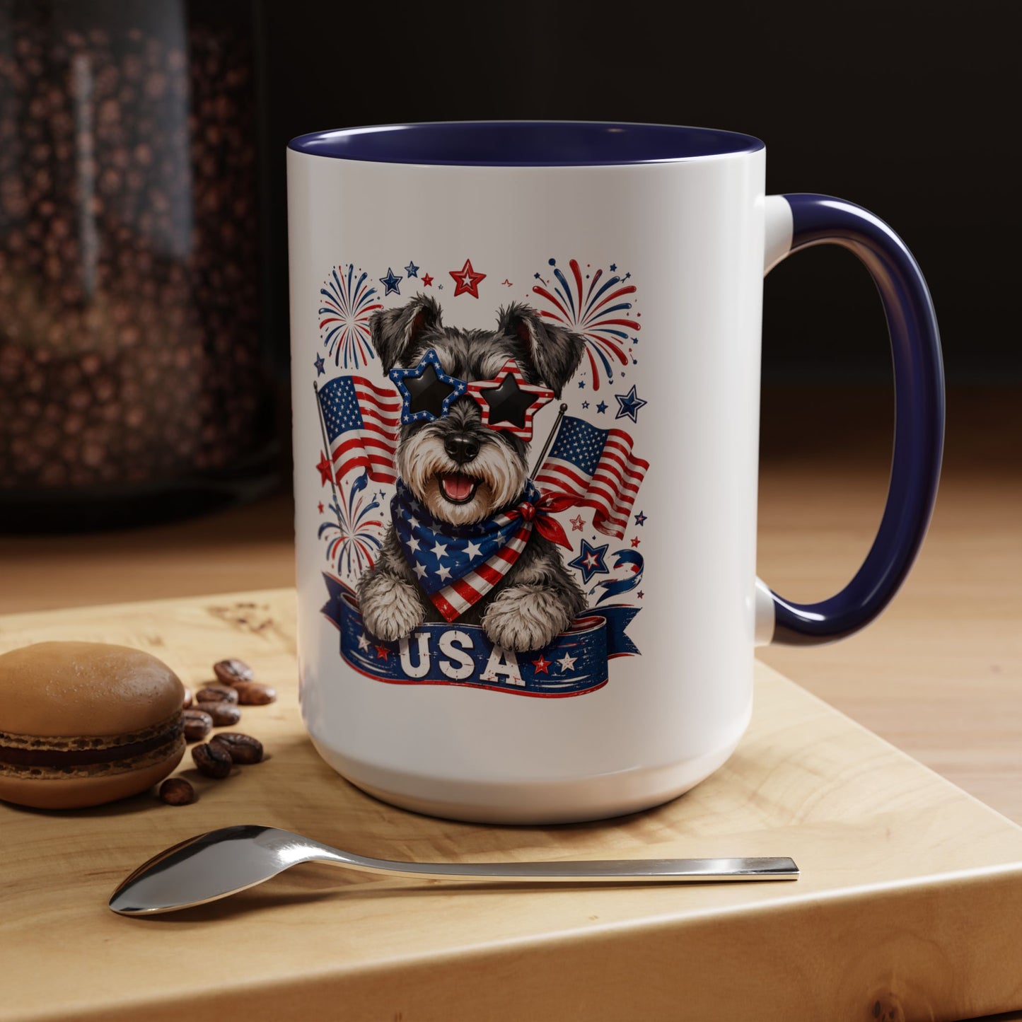 Patriotic Schnauzer Coffee Mug – USA Flag, Fireworks Accent Mug (11/15oz)