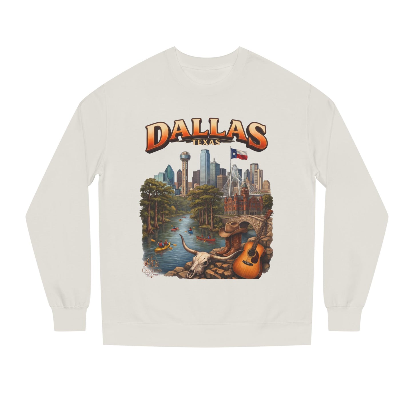Dallas Skyline Crewneck Sweatshirt — Texas Cityscape & Acoustic Guitar Design