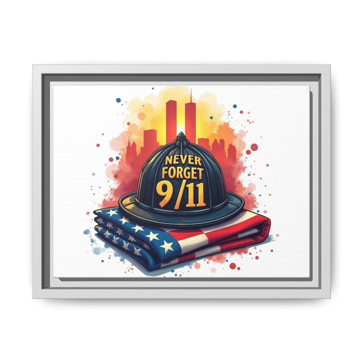 Never Forget 9/11 Framed Canvas Print — Firefighter Helmet & American Flag Memorial Art