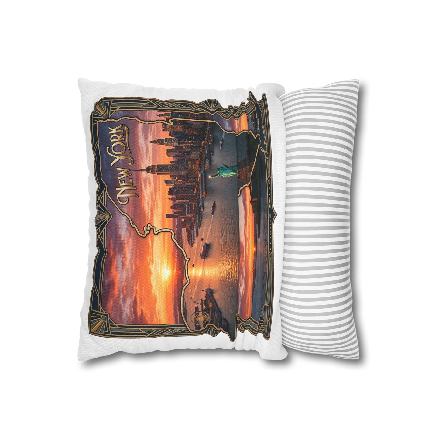 New York Skyline Sunset Decorative Pillowcase — Empire State & Statue of Liberty Throw Pillow Cover